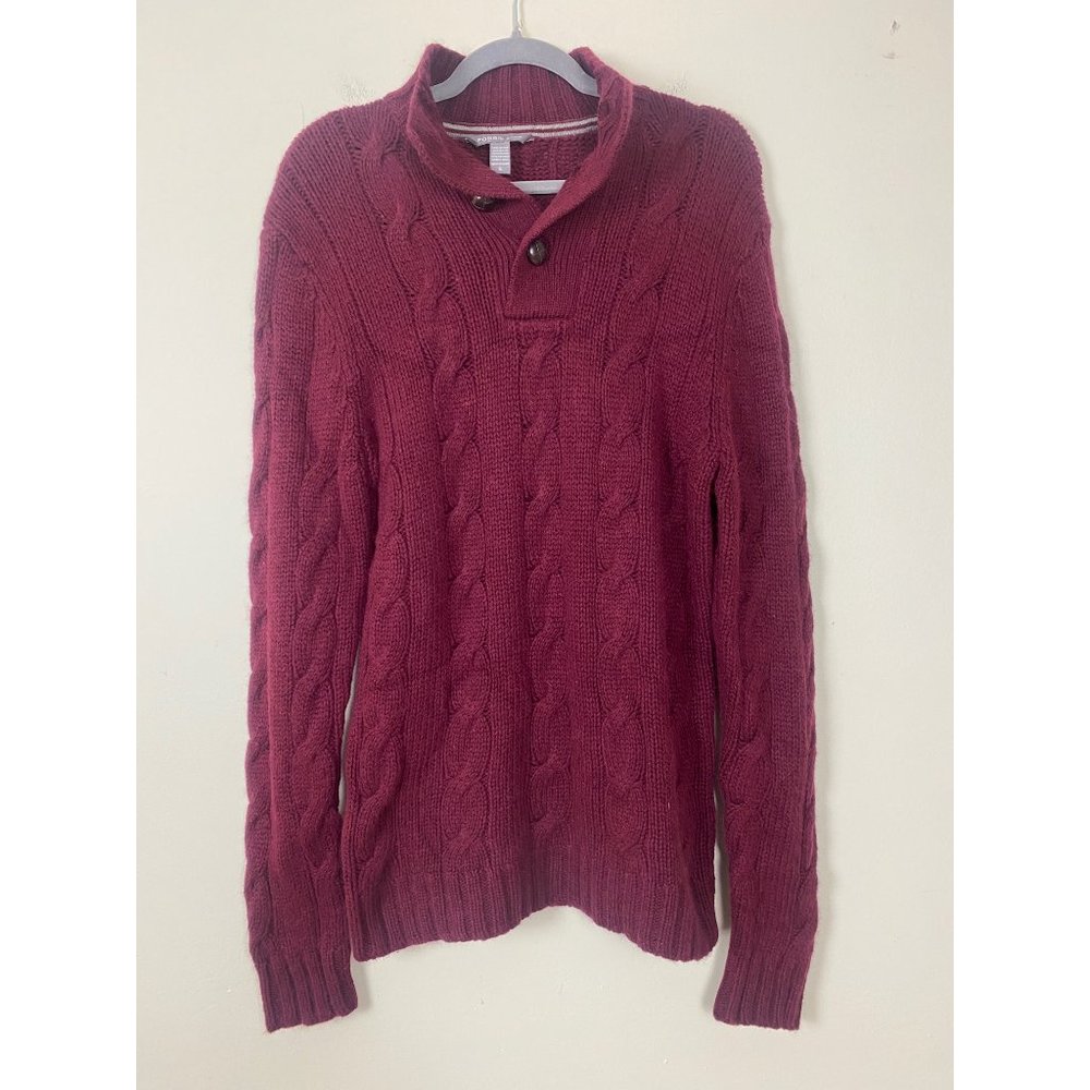 Fossil Brand Mens Burgundy Red Pullover Cable Knit Fisherman Sweater Size S Ango
